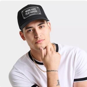 NWT John Hatter & Co Work Hard Play Harder Trucker Hat Unisex Black Yellow OS
